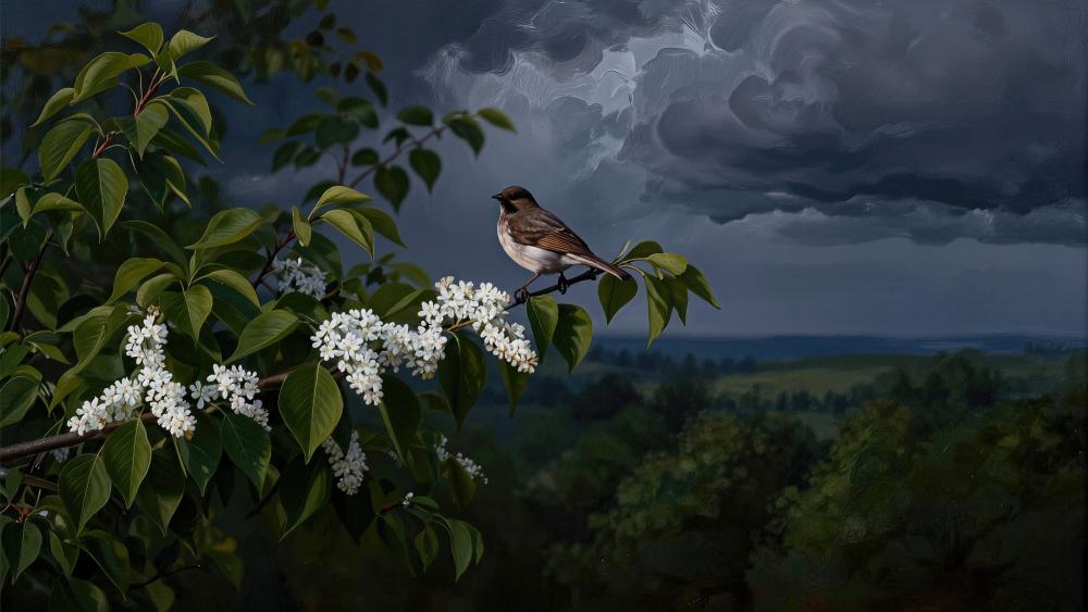 Stormwatch Bird on Blossom Branch wallpaper