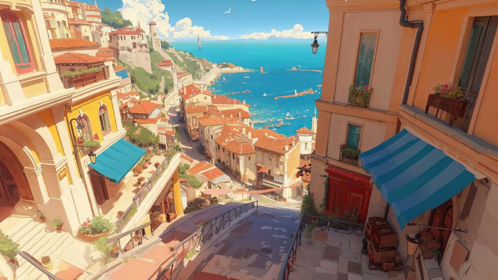 Sunlit Coastal Anime Harbor wallpaper