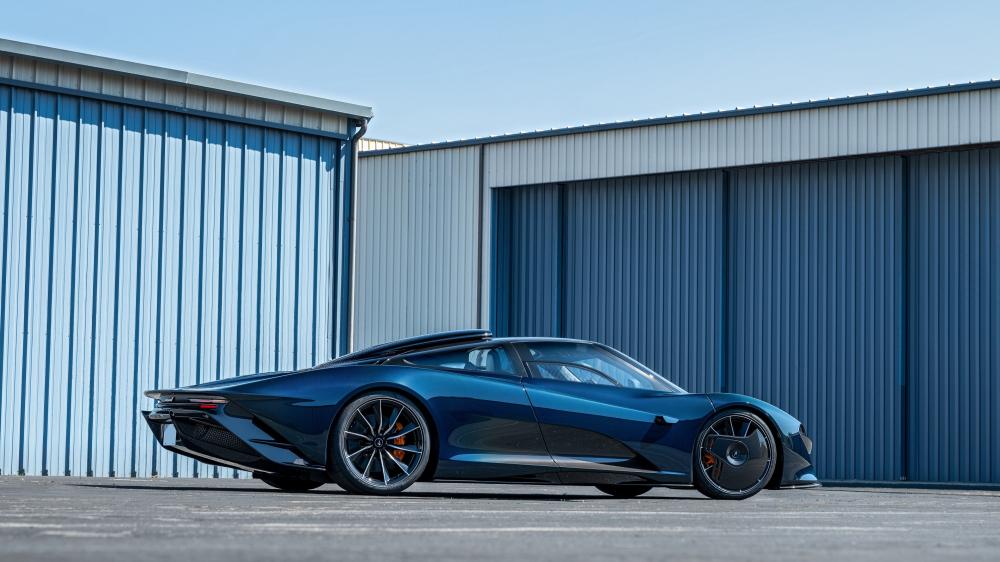 McLaren Speedtail Blue Supercar by Industrial Hangar wallpaper
