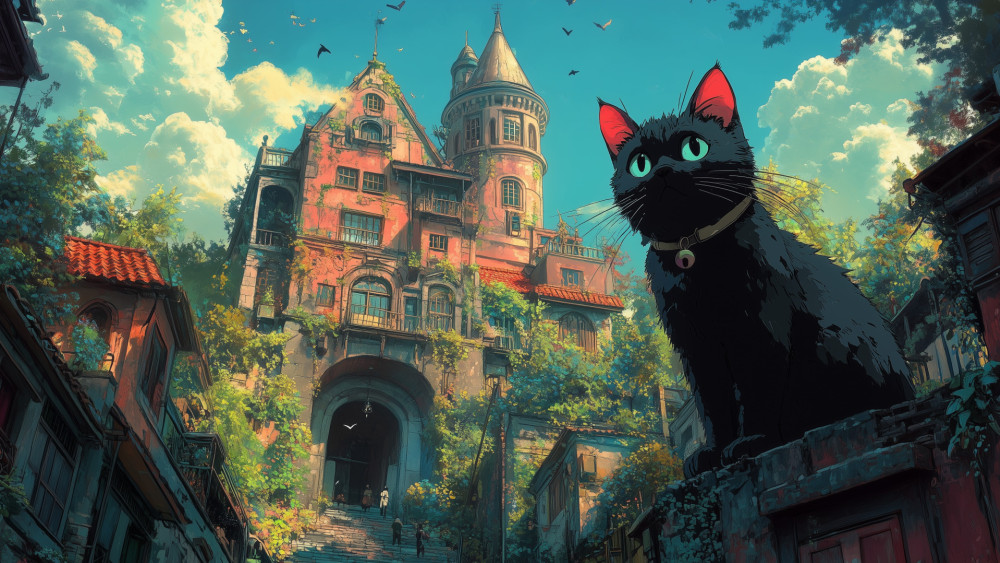 Mystic Black Cat Overwatching an Enchanted Castle wallpaper