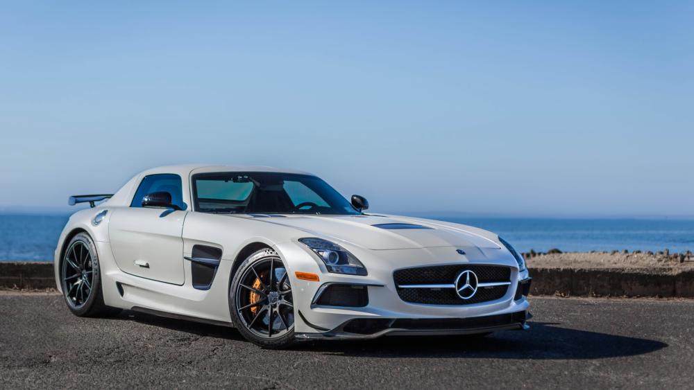 White Mercedes SLS by the Seaside wallpaper