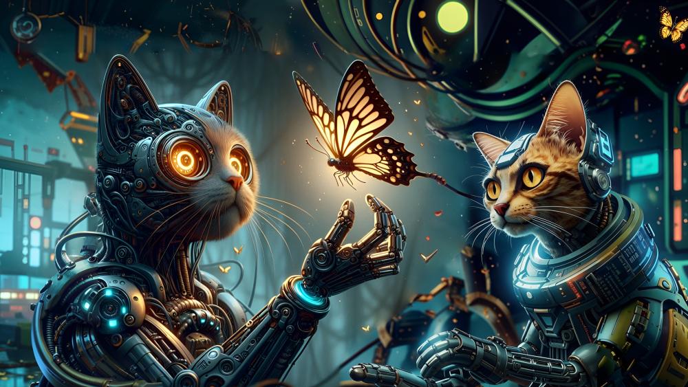 Cyborg Cats and the Neon Butterfly wallpaper