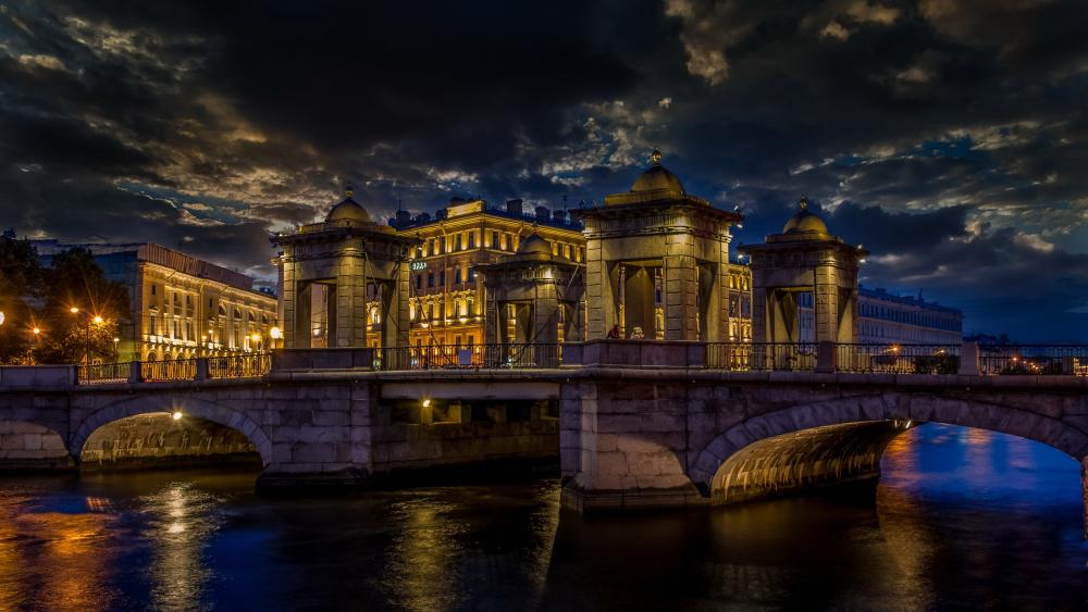 Golden Night Over Lomonosov Bridge wallpaper