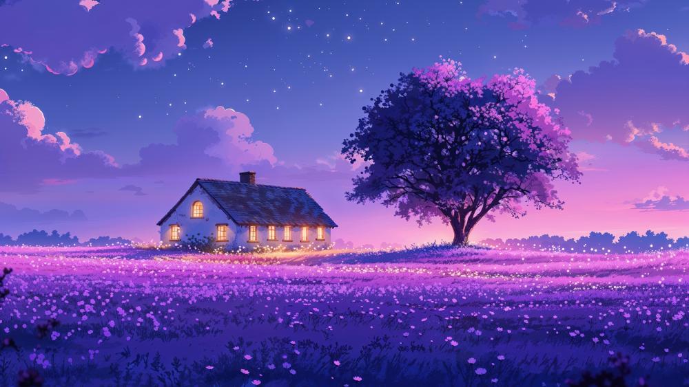 Dreamy Twilight Cottage Field wallpaper