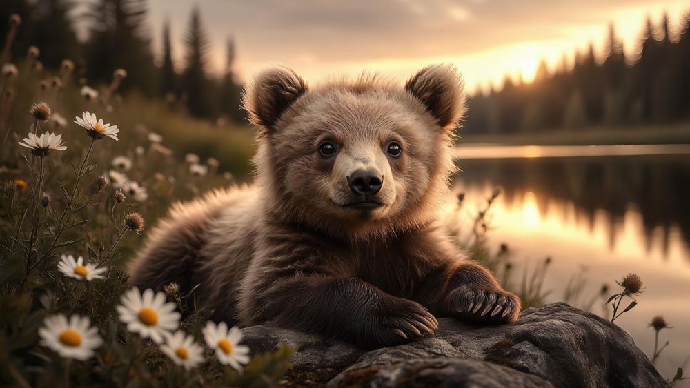 Enchanted Bear Cub at Sunset wallpaper