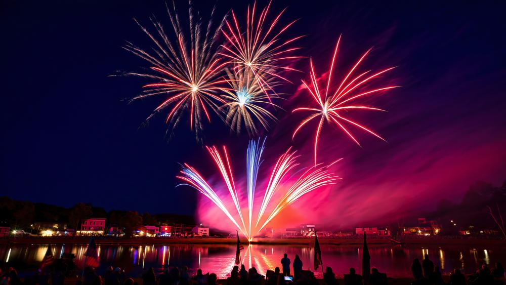 Fireworks Over Reflected Celebration wallpaper