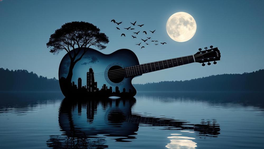 Moonlit Guitar Reflection on a Silent Blue Lake wallpaper