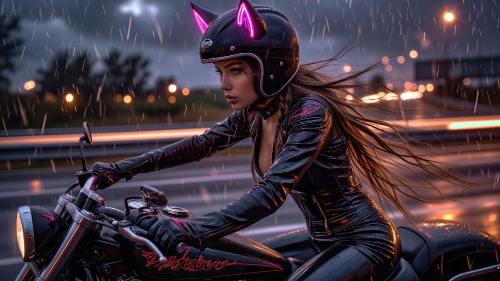 Neon Neko Rider in the Rain wallpaper