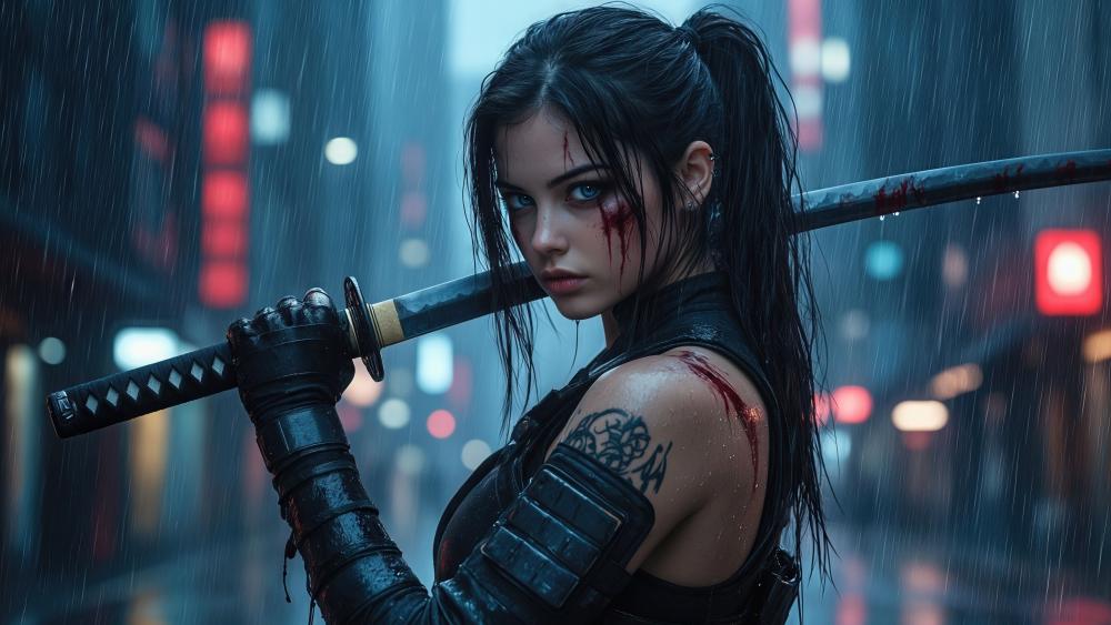 Rainsoaked Cyberpunk Samurai wallpaper