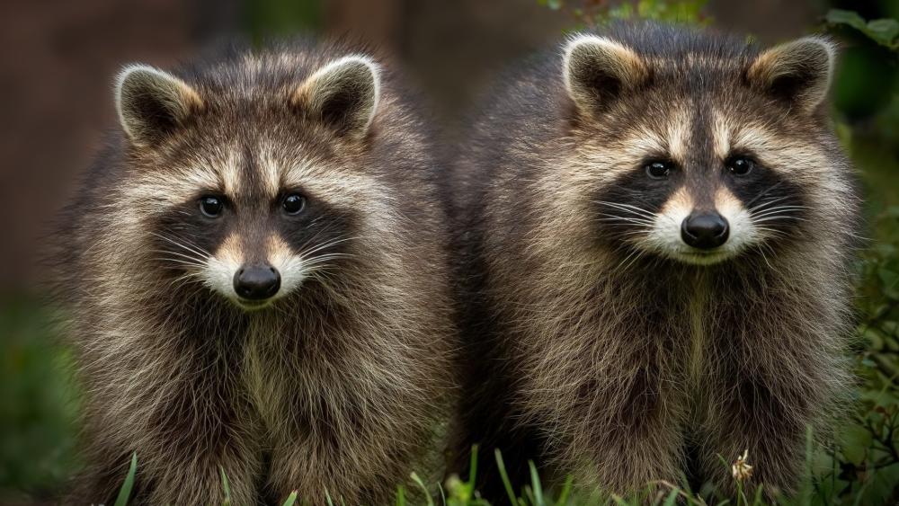 Adorable Raccoon Pair in Forest Glow wallpaper