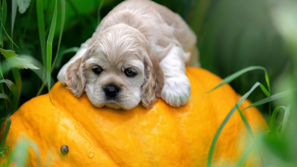 Sleepy Spaniel Puppy on Pumpkin wallpaper