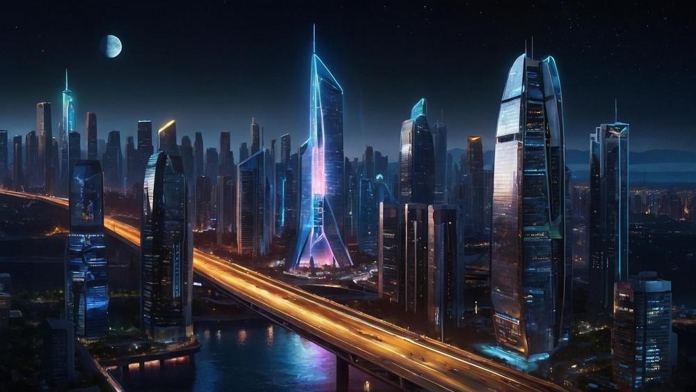 Neon Moon Over Futuristic Skyline wallpaper