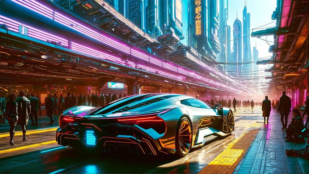 Neon Supercar in Futuristic City wallpaper