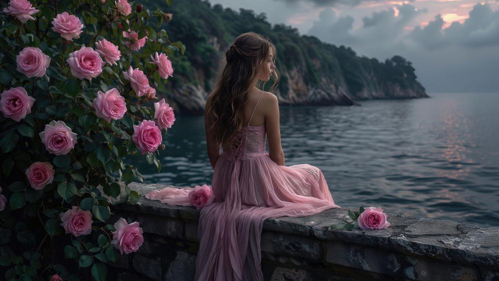 Ethereal Rosewatch by the Moonlit Seashore wallpaper