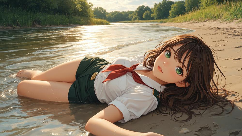 Summer Shore Schoolgirl Relaxation wallpaper