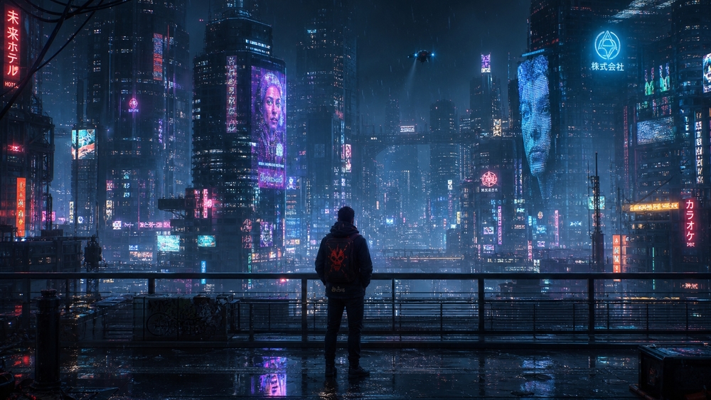Neon Sentinel Over Cyber City wallpaper