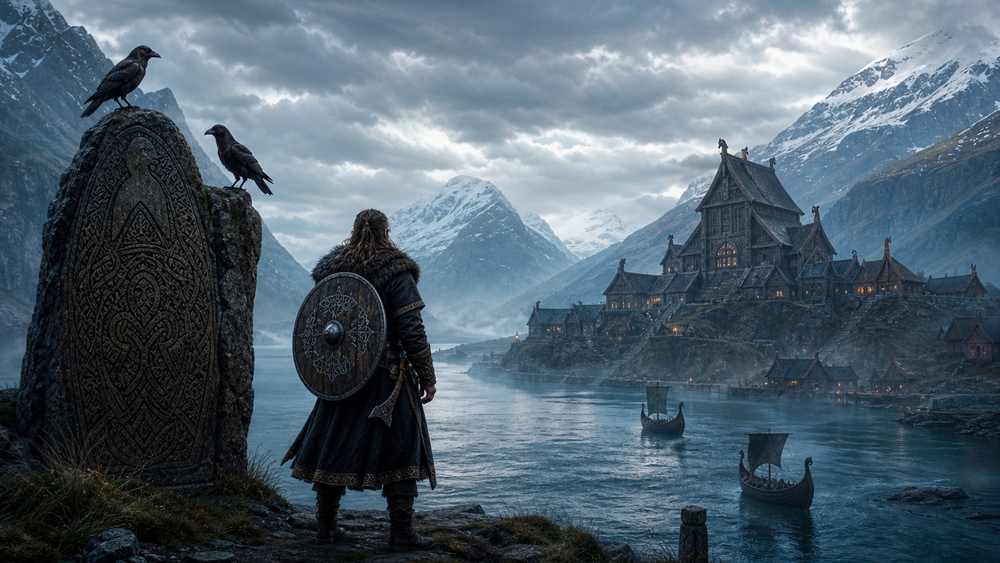 Viking Sentinel Over Fjord Village wallpaper