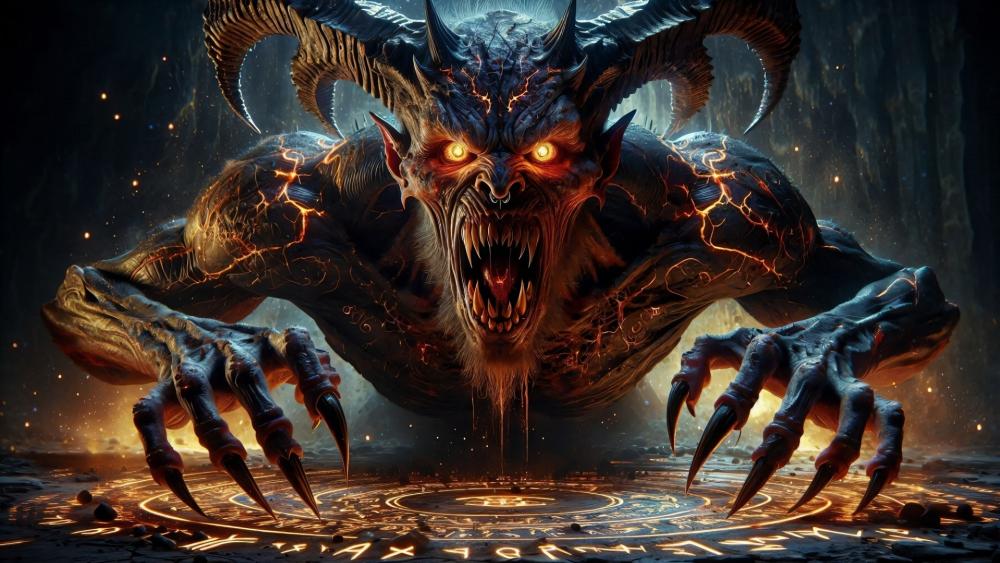 Infernal Demon Rising from Arcane Flames wallpaper