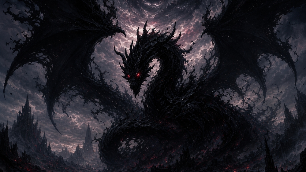 Shadowbound Dragon Over Forgotten Ruins wallpaper