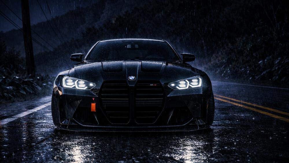 Black BMW M4 in Rainy Night Drive wallpaper