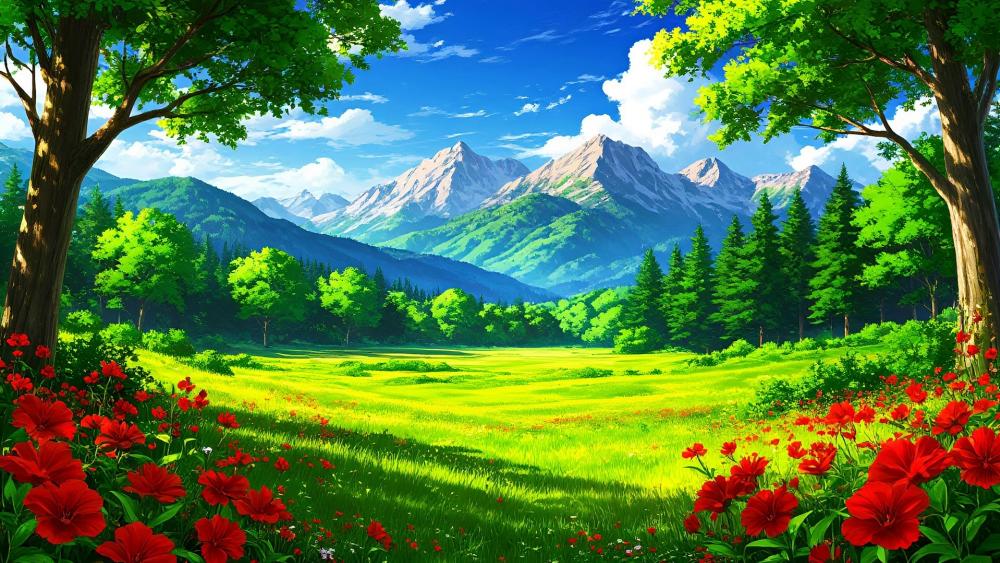 Anime Meadow Beneath Snowy Peaks wallpaper