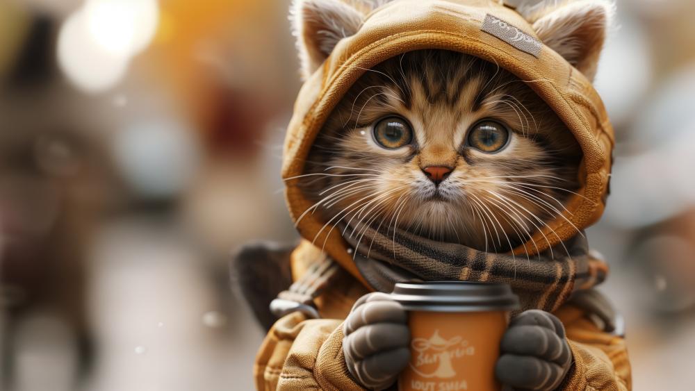 Coffee Break Cat in Cozy Hoodie wallpaper