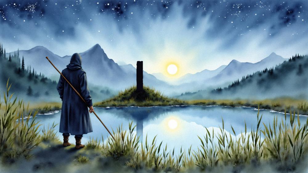Moonlit Monk by the Silent Lake wallpaper