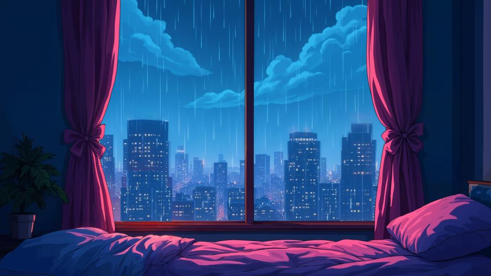 Rainy Night City View from Cozy Bedroom wallpaper