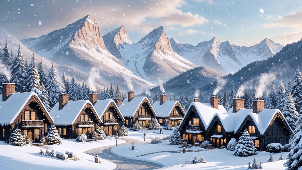 Snowy Alpine Village Dreamscape wallpaper