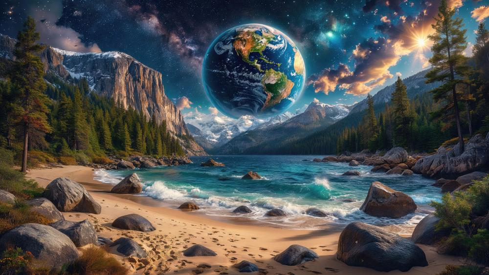 Celestial Shore Beneath a Dreaming Planet wallpaper