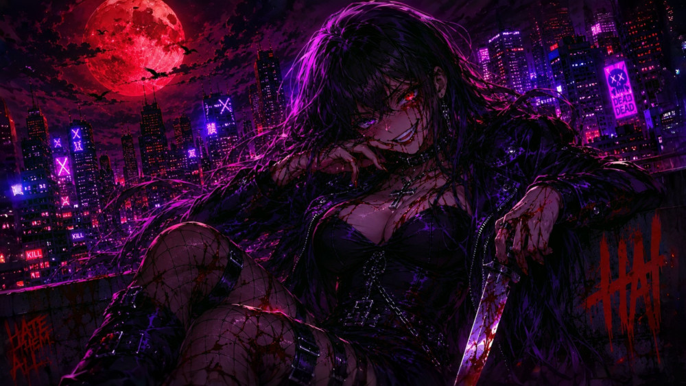 Blood moon assassin in neon storm wallpaper