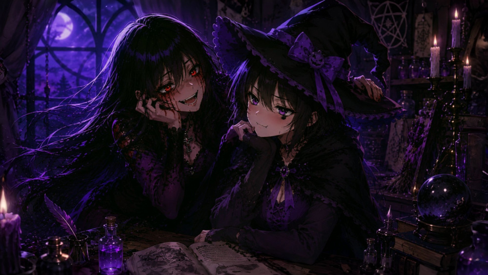 Gothic witch duo in moonlit lair wallpaper