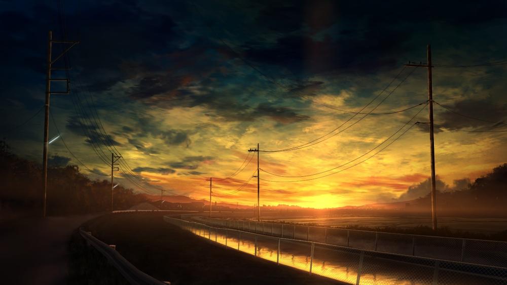 Golden Twilight Over Quiet Anime Roads wallpaper