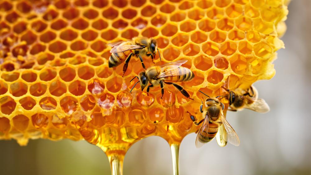 Golden Bees Gathering on Fresh Honeycomb wallpaper