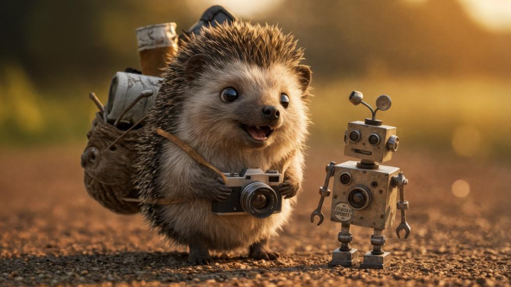 Tiny Traveler Hedgehog and Robot Friendship wallpaper