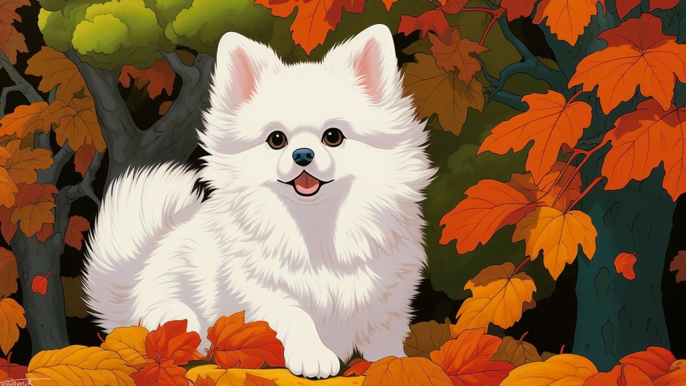 Autumn Fluffy Pup in Enchanted Forest wallpaper