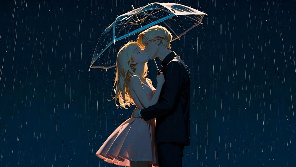 Rainlit Anime Kiss Under a Clear Umbrella wallpaper
