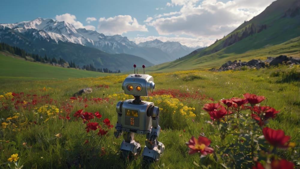Retro Robot in Blooming Valley wallpaper