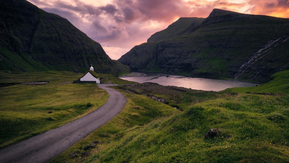 Twilight Chapel by Saksunarvatn Lake wallpaper