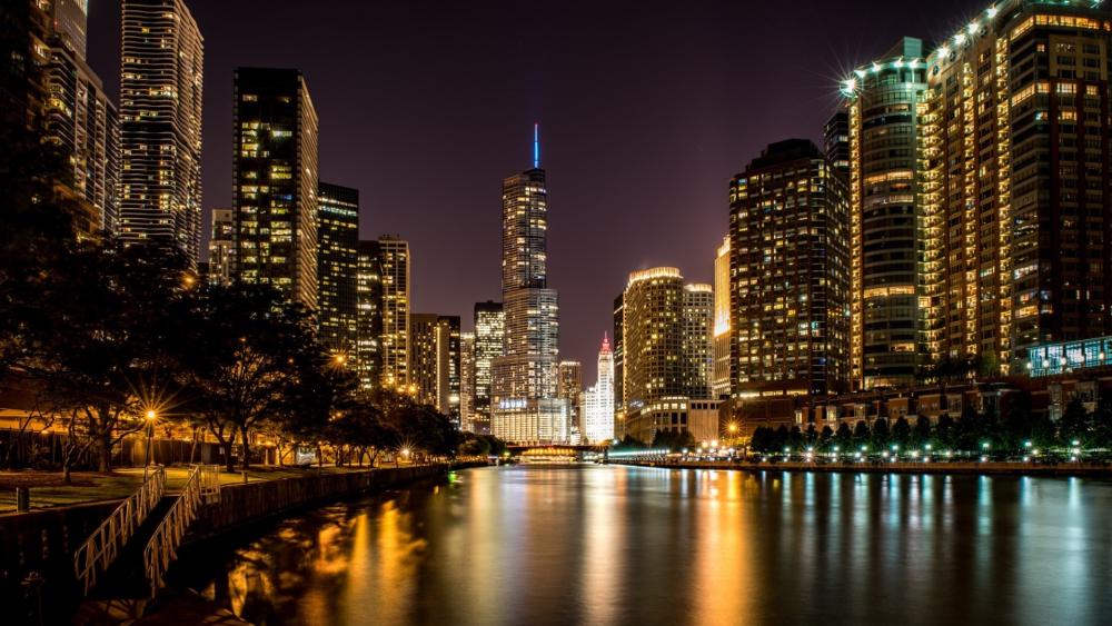 Chicago River Lights at Night wallpaper