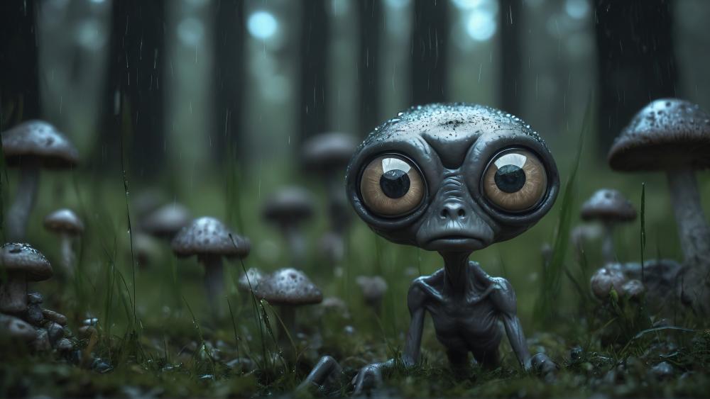 Mystic Alien in Mushroom Forest wallpaper