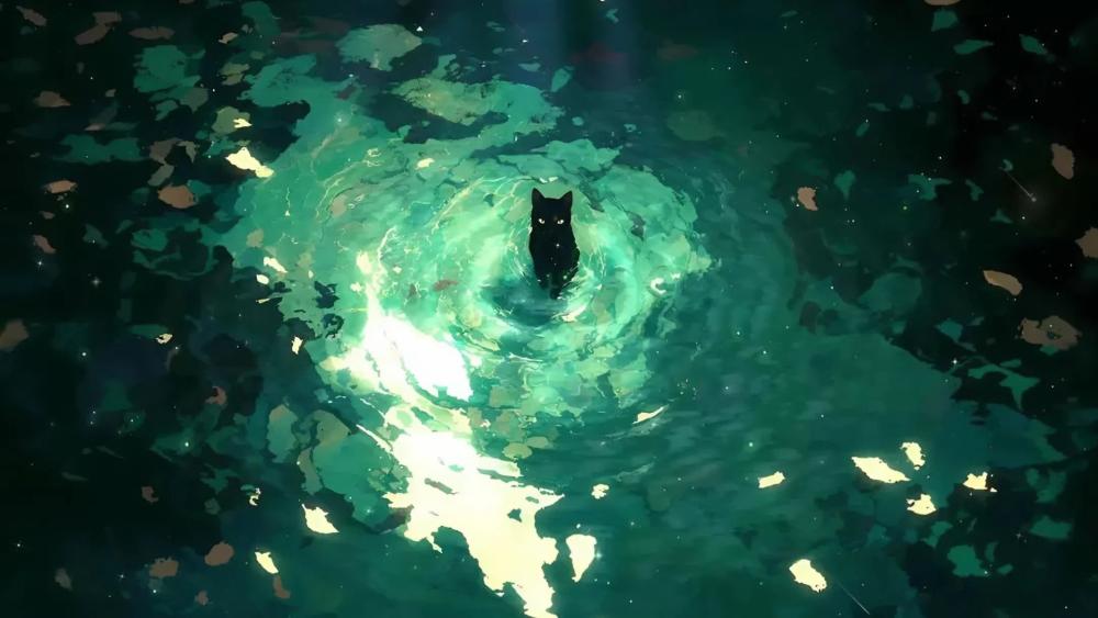 Silent Cat in Emerald Waters wallpaper