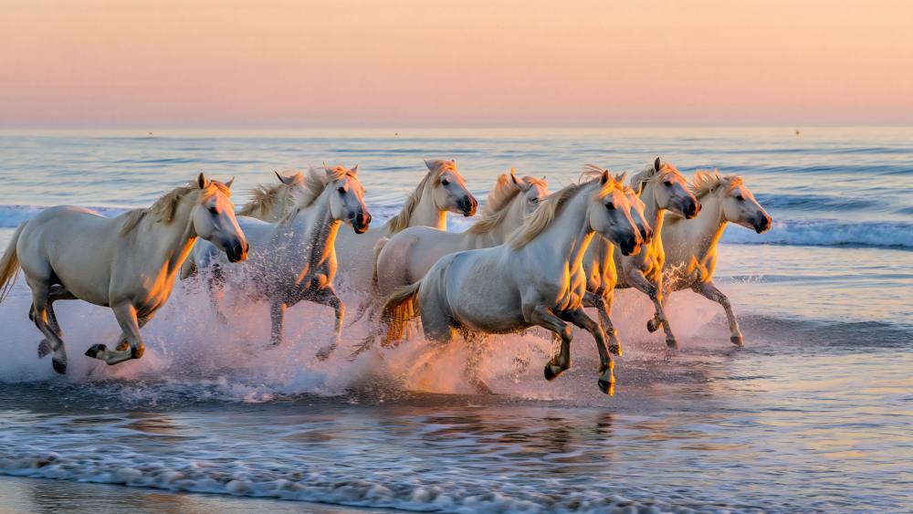 Sunlit Horses Racing Through Ocean Waves wallpaper