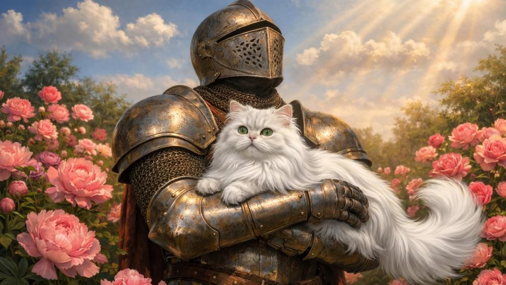 Sunlit Knight and Enchanted White Cat wallpaper