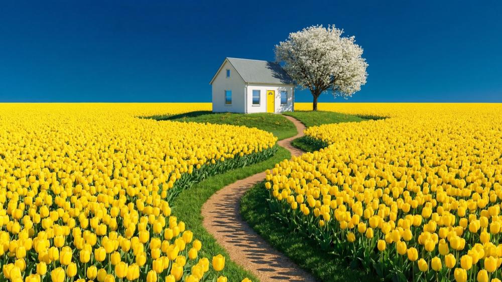 Golden Tulip Path to the Blossom Cottage wallpaper