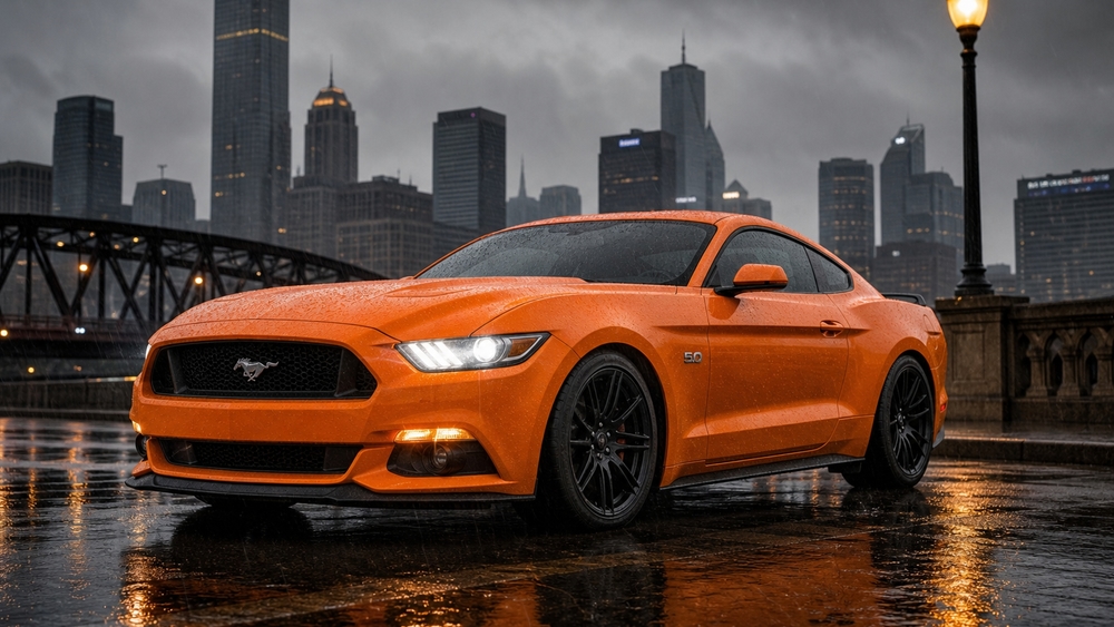 Orange Mustang in Rainy City Glow wallpaper