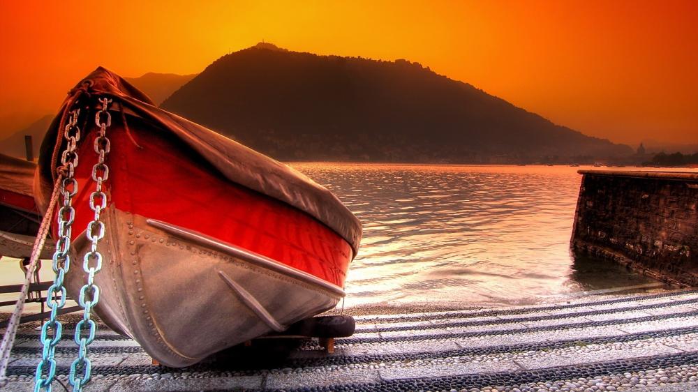 Golden Lake Boat at Sunset wallpaper