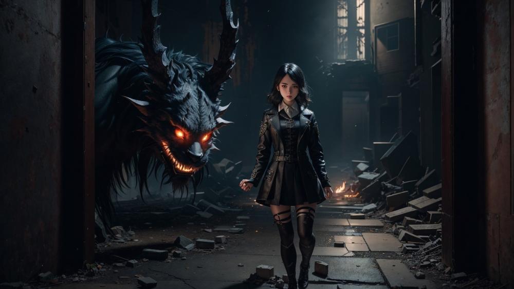 Gothic Beast Awakens in Ruined Alley wallpaper