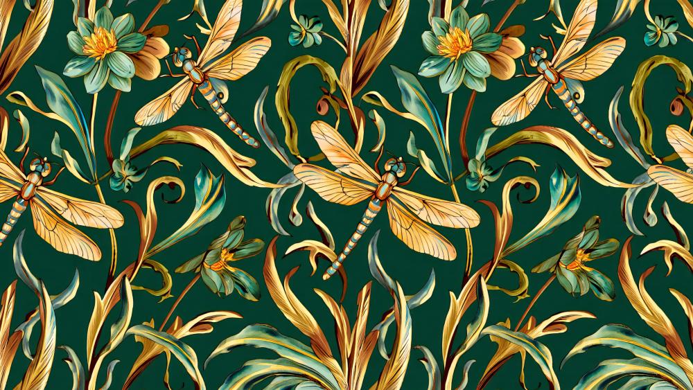 Golden Dragonfly Floral Tapestry wallpaper