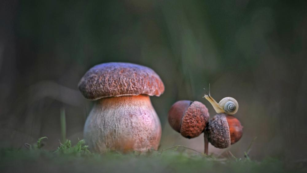 Tiny Snail on Forest Mushrooms wallpaper